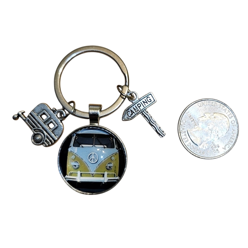 Keychain Retro Van Yellow Volkswagen Bus Peace Sign - Picture 4 of 9
